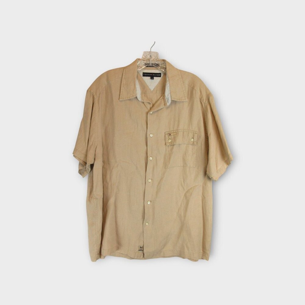 Tommy Hilfiger Linen Short Sleeve Casual Button Down Shirt Size L Tan